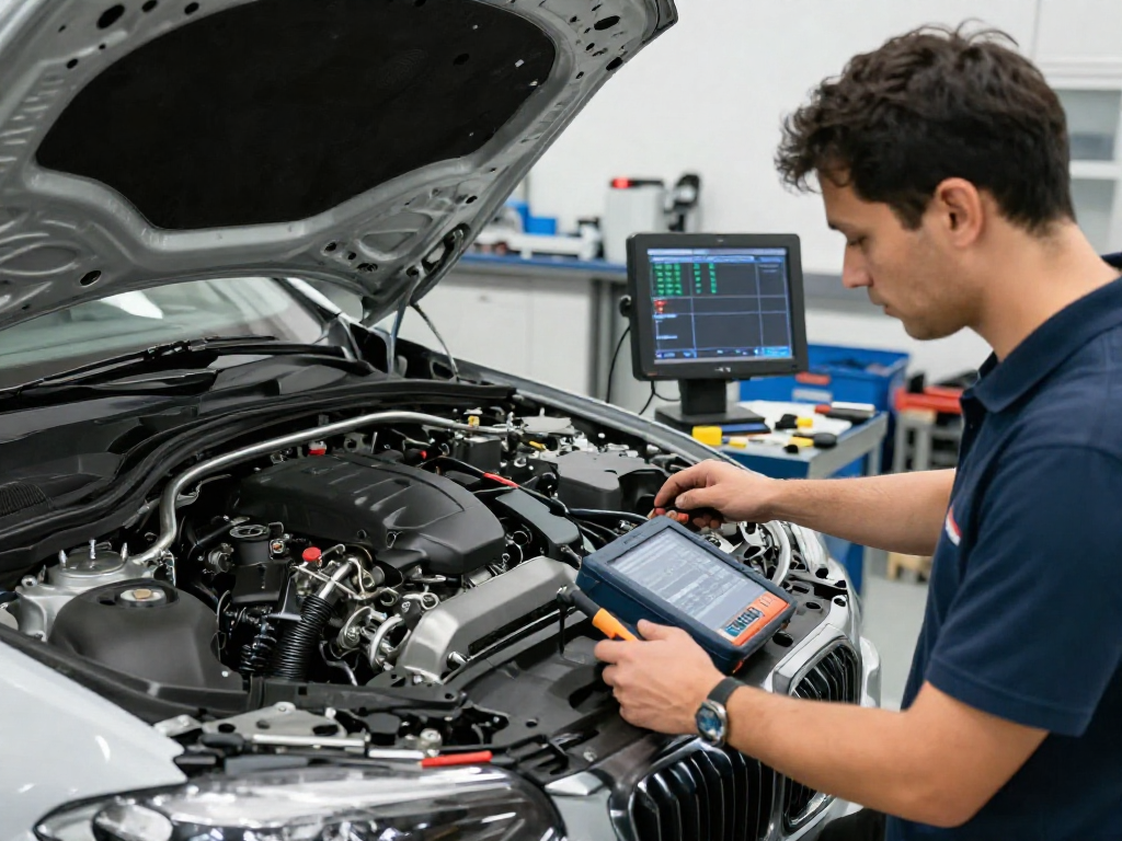 Professionelle Werkstatt mit Technikern beim BMW Steuerkette wechseln und Diagnosetools