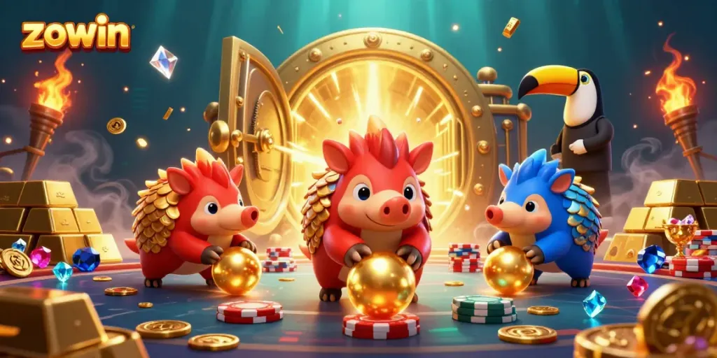 Zowin offers an exciting gaming experience with rival pangolins competing amid dazzling casino treasures.