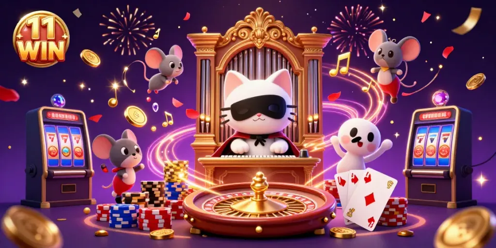 Experience the excitement with 11 WIN at a vibrant casino with captivating characters and magical elements.
