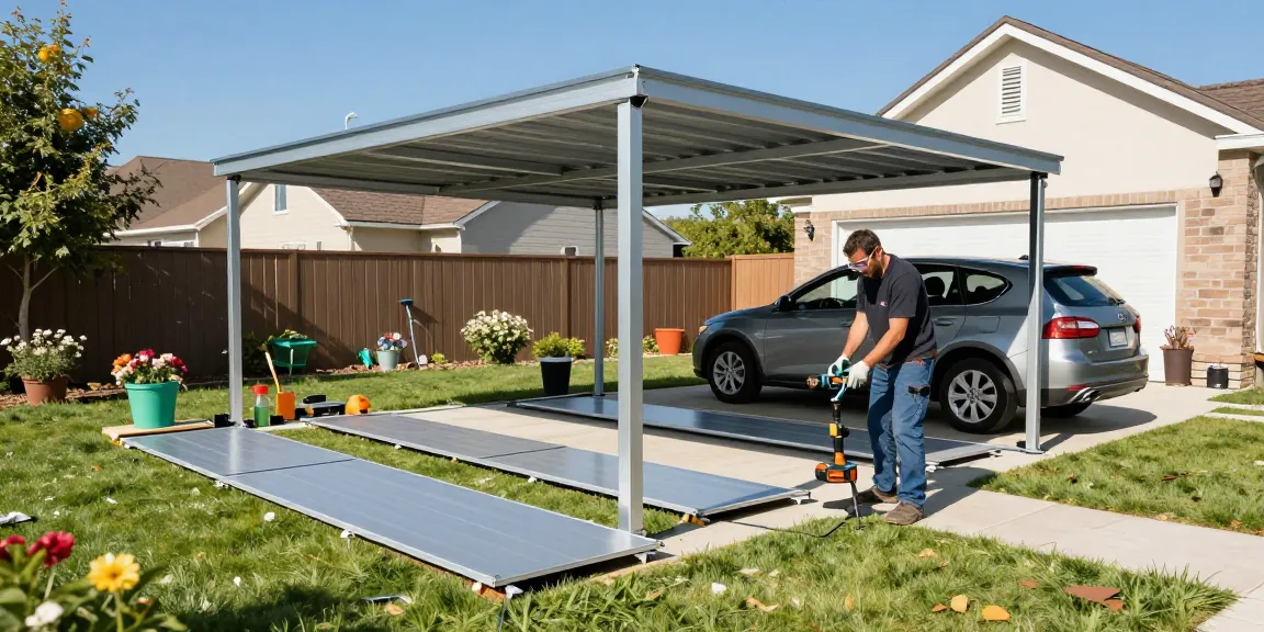Carport-Installation im Garten mit einem Bauarbeiter, der moderne Metallteile montiert.