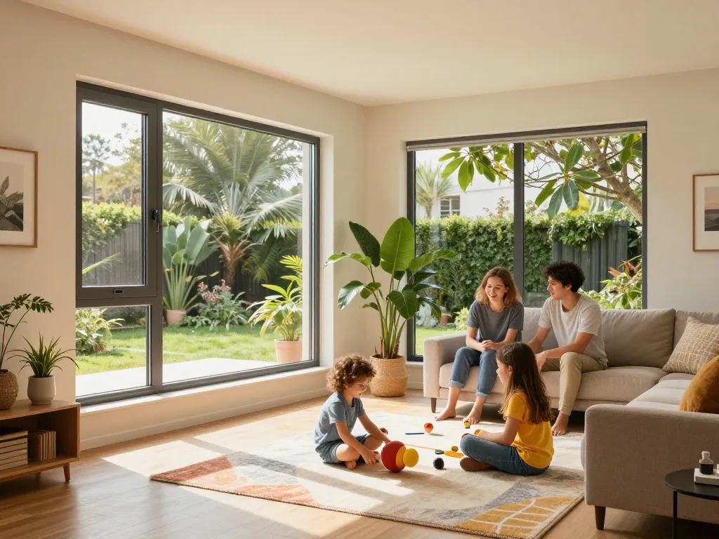 Modernes Wohnzimmer mit fenster schüco Fenstern in einem familienfreundlichen Umfeld.