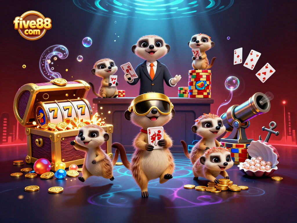 Experience the excitement of five88 com with playful meerkats running a vibrant casino operation amid underwater treasures.