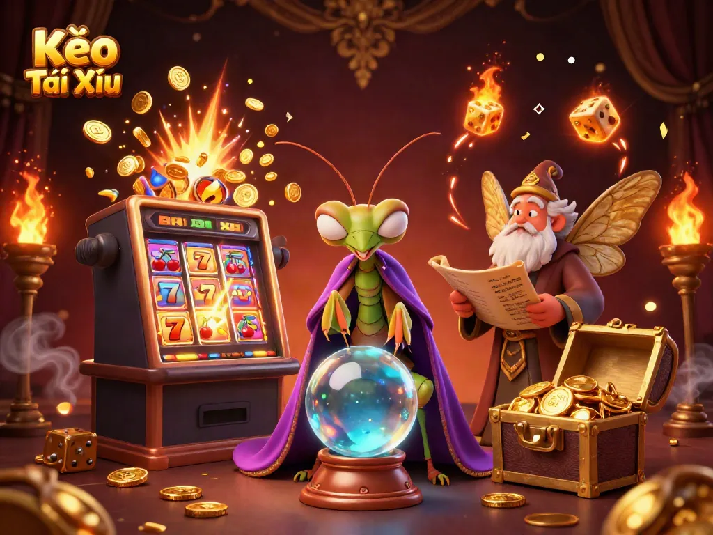 Experience thrilling Kèo Tài Xỉu action with a mystical fortune teller and vibrant casino elements.