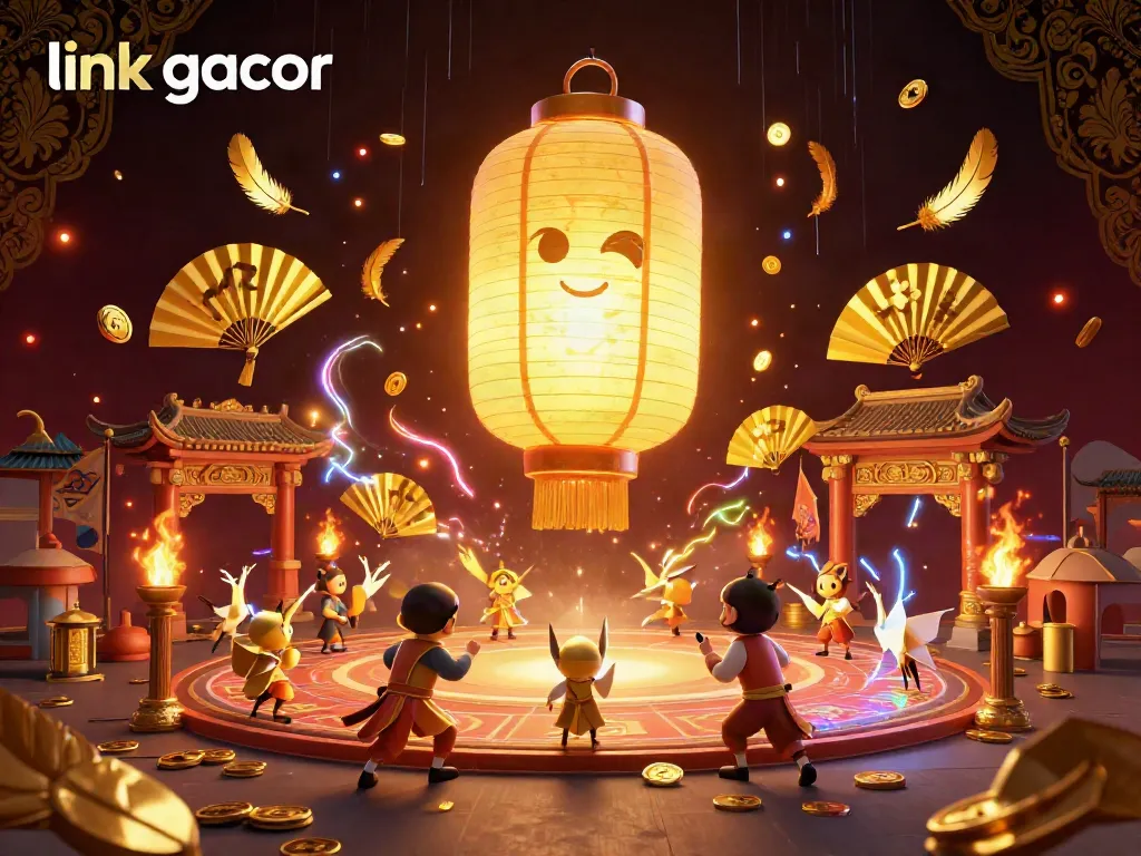 Experience the vibrant allure of link gacor with a magical lantern spirit illuminating a bustling casino scene.