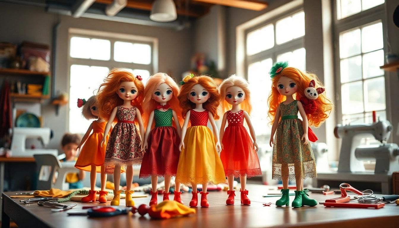 Gestalten von Gutdolls in einem kreativen Atelier mit bunten Stoffen und Handwerkzeugen.