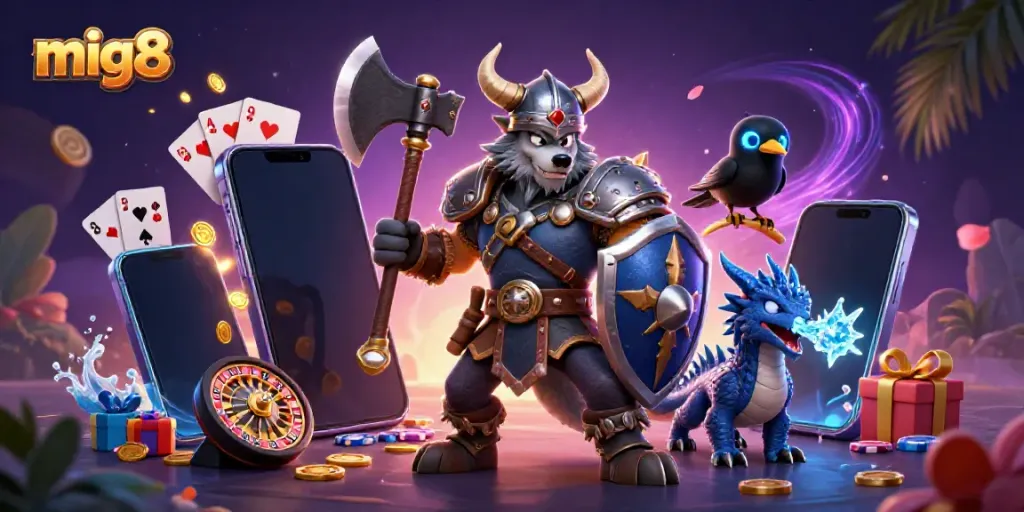 Experience the thrilling excitement of mig8 with a Viking warrior, dragon, and Raven amidst gaming elements.
