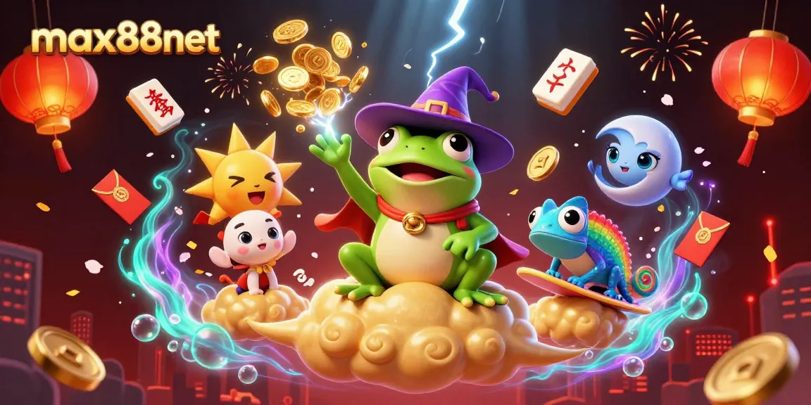 Experience max88net's vibrant 3D illustration showcasing a wizard frog and chameleon amidst casino magic.