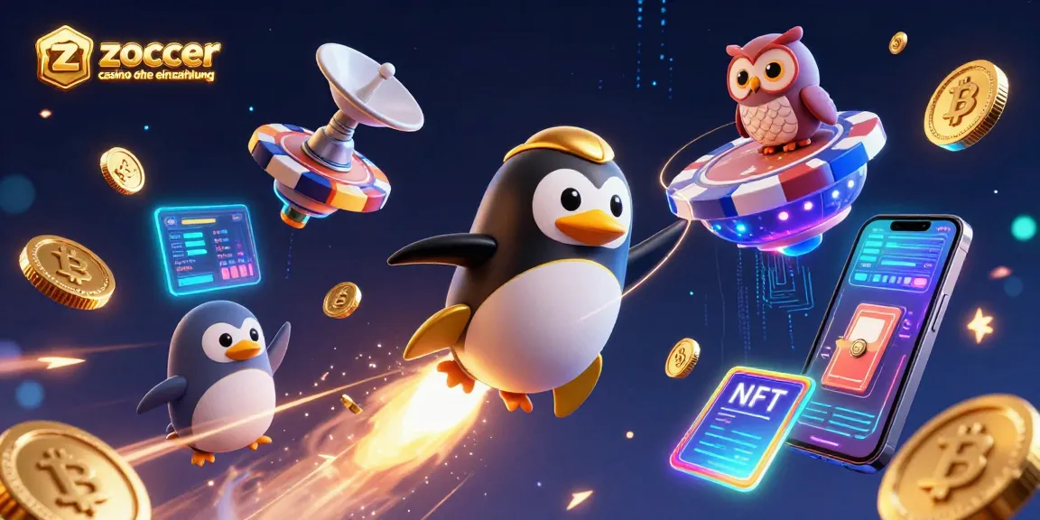 Erlebe das zoccer Casino ohne Einzahlung mit einem goldenen Pinguin im Weltraum, der über einen Casino-Raumhafen fliegt.