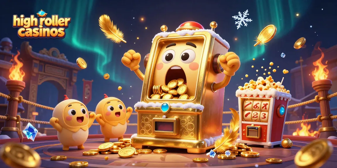 A vibrant scene showcasing high roller casinos with a cartoon golden slot machine in jubilation as coins pour out, surrounded by cheering baby slots.