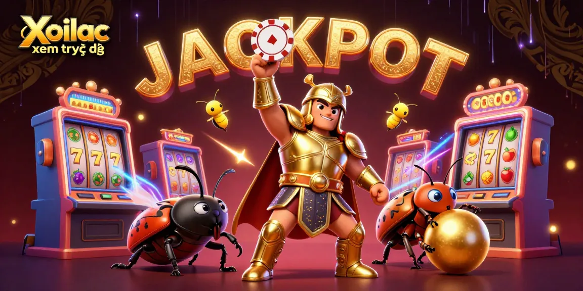 Xoilac xem trực tiếp features a winning beetle and vibrant slot elements in a dynamic casino scene.