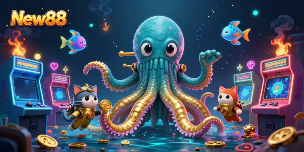 Experience the thrill of New88 with a vibrant scene featuring a kraken, diving cat, and game elements.