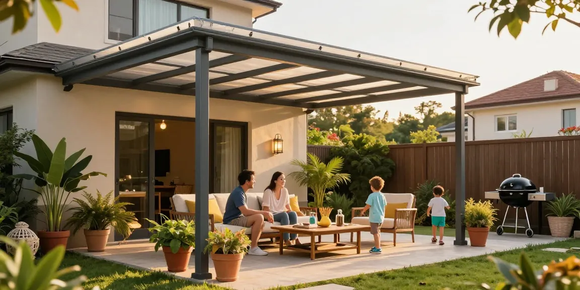 Freistehende Terrassenüberdachung mit Familie, die den Außenbereich genießt