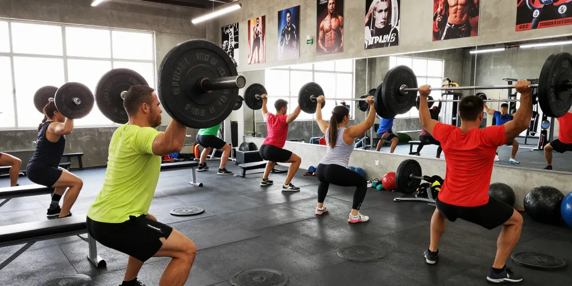 Aktive Bodybuilder im Anabolikashop beim Training mit Gewichten in einem modernen Fitnessstudio.