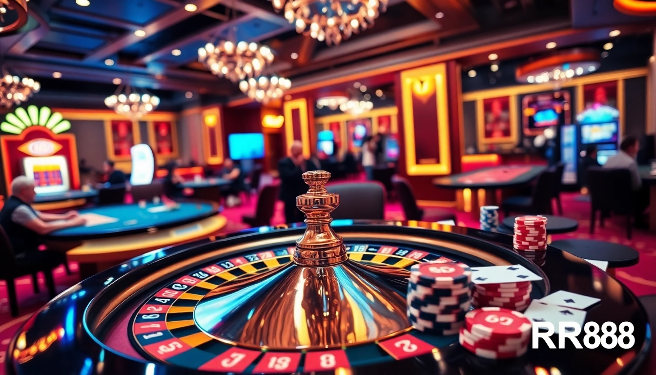 Experience the thrill of RR88 with vibrant casino games, including roulette and poker tables.