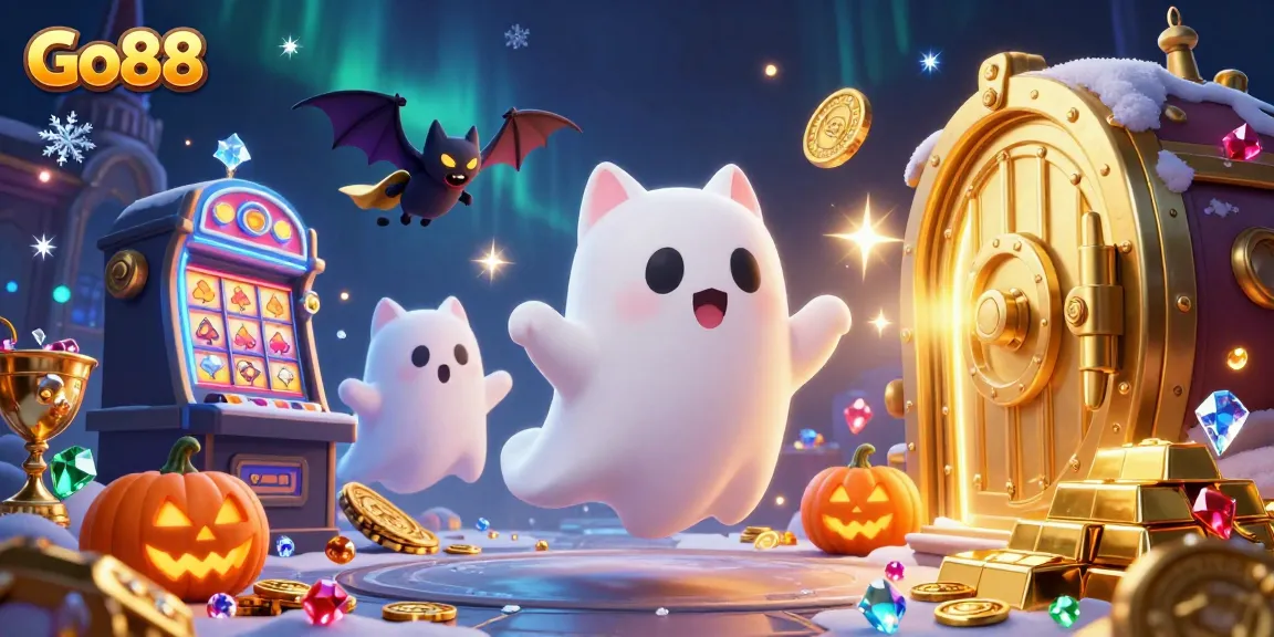 Go88's exciting ghost cat character haunts a lively casino, revealing treasure and gaming elements.