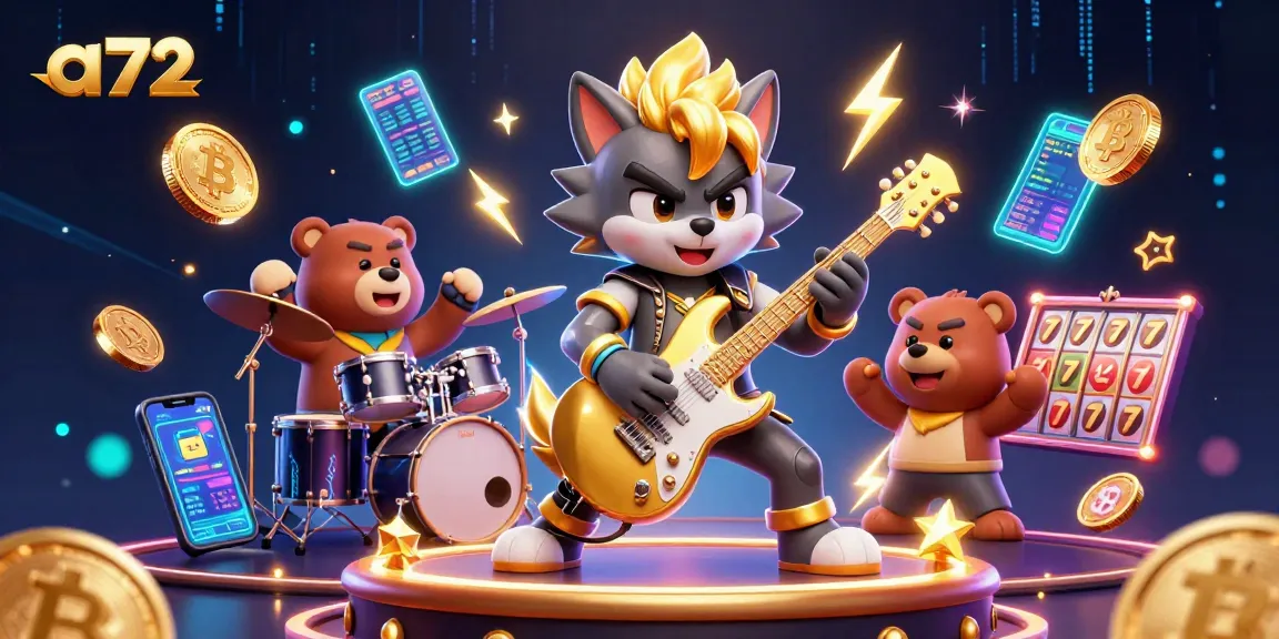 Engaging illustration showcasing a72's vibrant casino energy with animated characters and crypto elements.