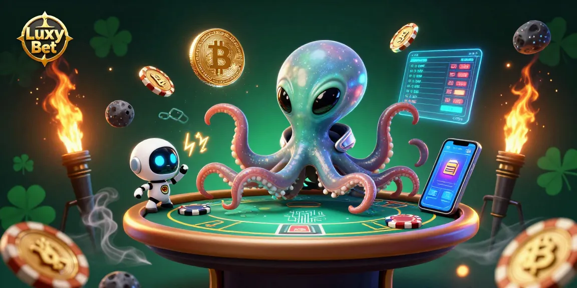 Experience thrilling gaming at Luxy Bet with a vibrant 3D scene featuring an alien octopus and crypto elements.